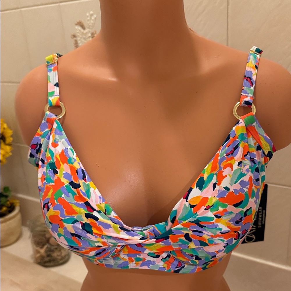 Colorful Abstract Print Large or XL Bikini Top NWTs $70 Cross Front Design